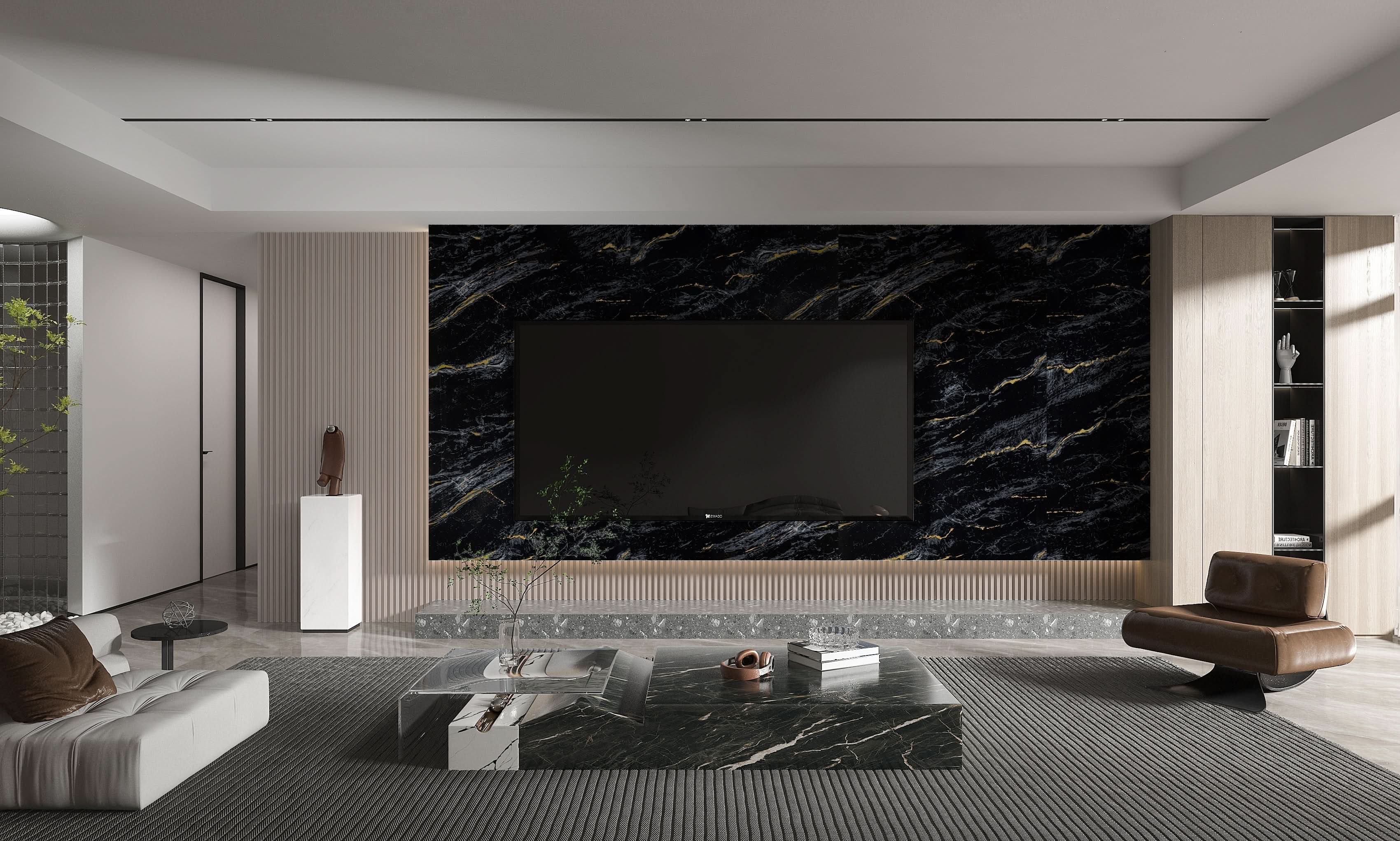 Midnight Gold marble PVC feature wall with black base and gold veining for TV unit