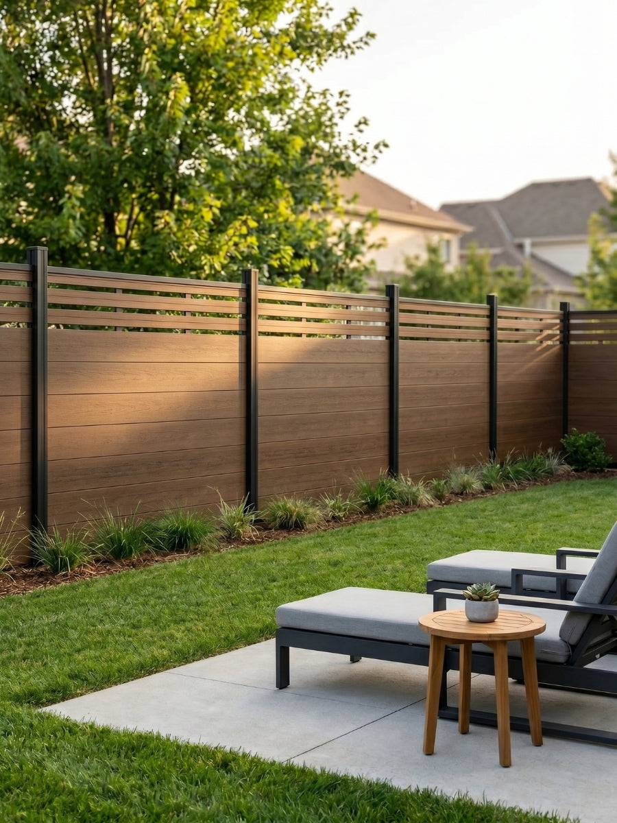 Walnut lattice-top composite privacy fence surrounding a backyard lounge area