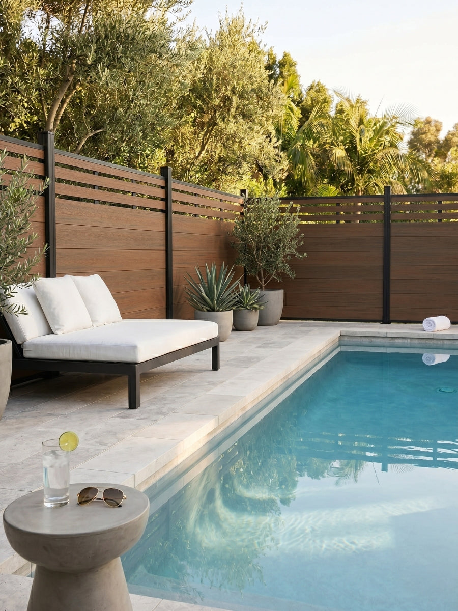 Walnut composite lattice-top privacy fence enclosing a poolside patio with seating and plants