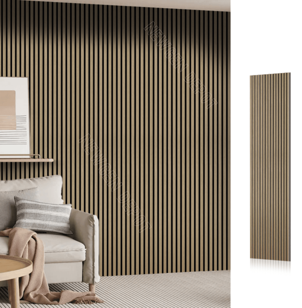 Beige fluted wall panel installed as vertical interior accent wall