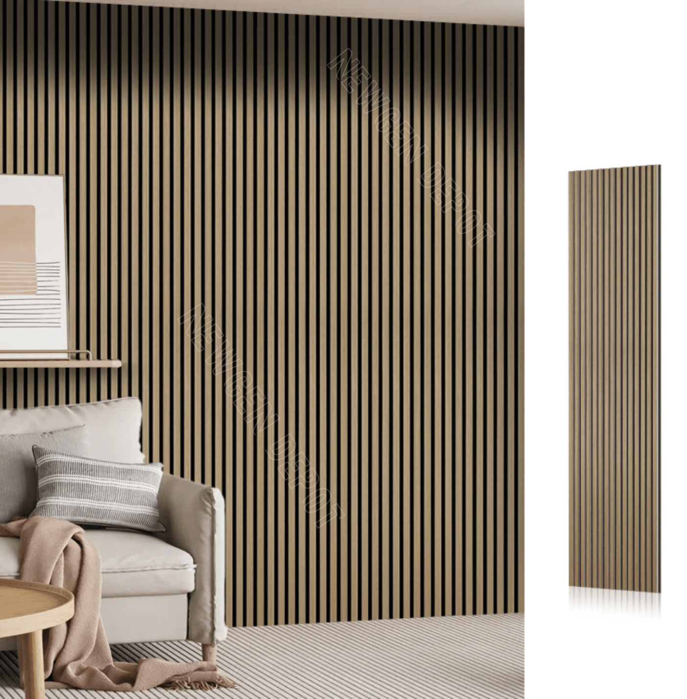 Beige fluted wall panel installed as vertical interior accent wall