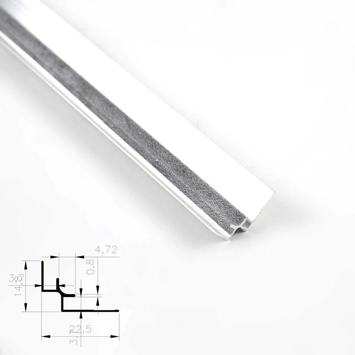 White aluminum inside corner trim for PVC wall panels with cross-section diagram