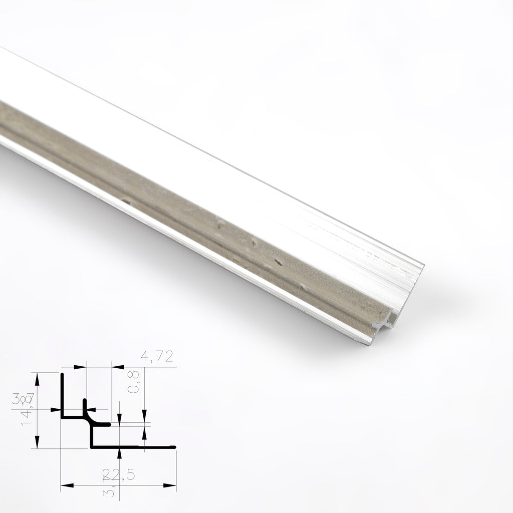 Silver aluminum inside corner trim for PVC wall panels with cross-section diagram