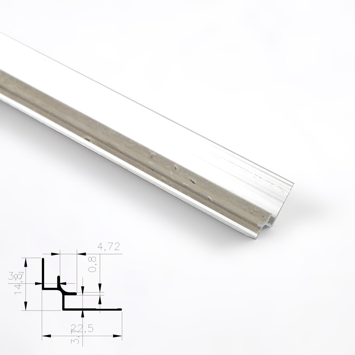 Silver aluminum inside corner trim for PVC wall panels with cross-section diagram