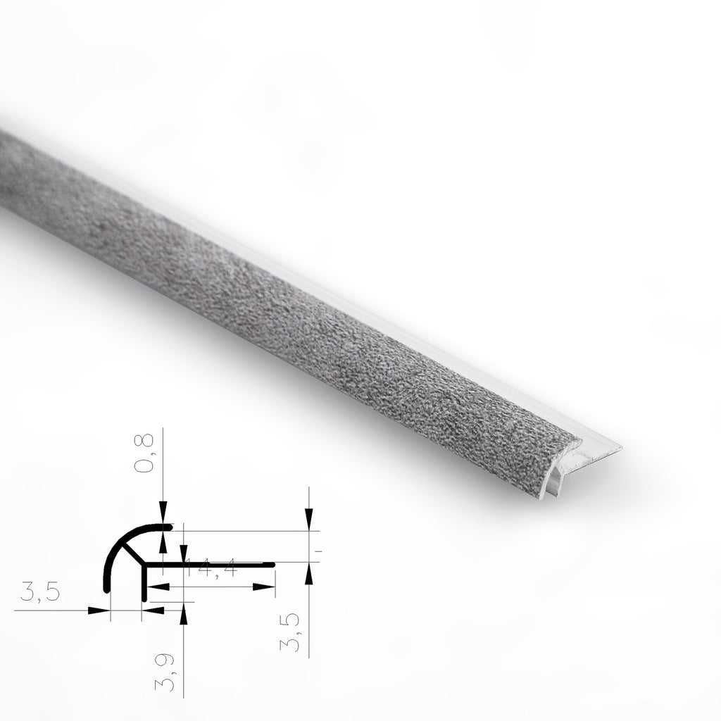 3mm aluminum outside corner trim with a gray textured rounded face and profile diagram