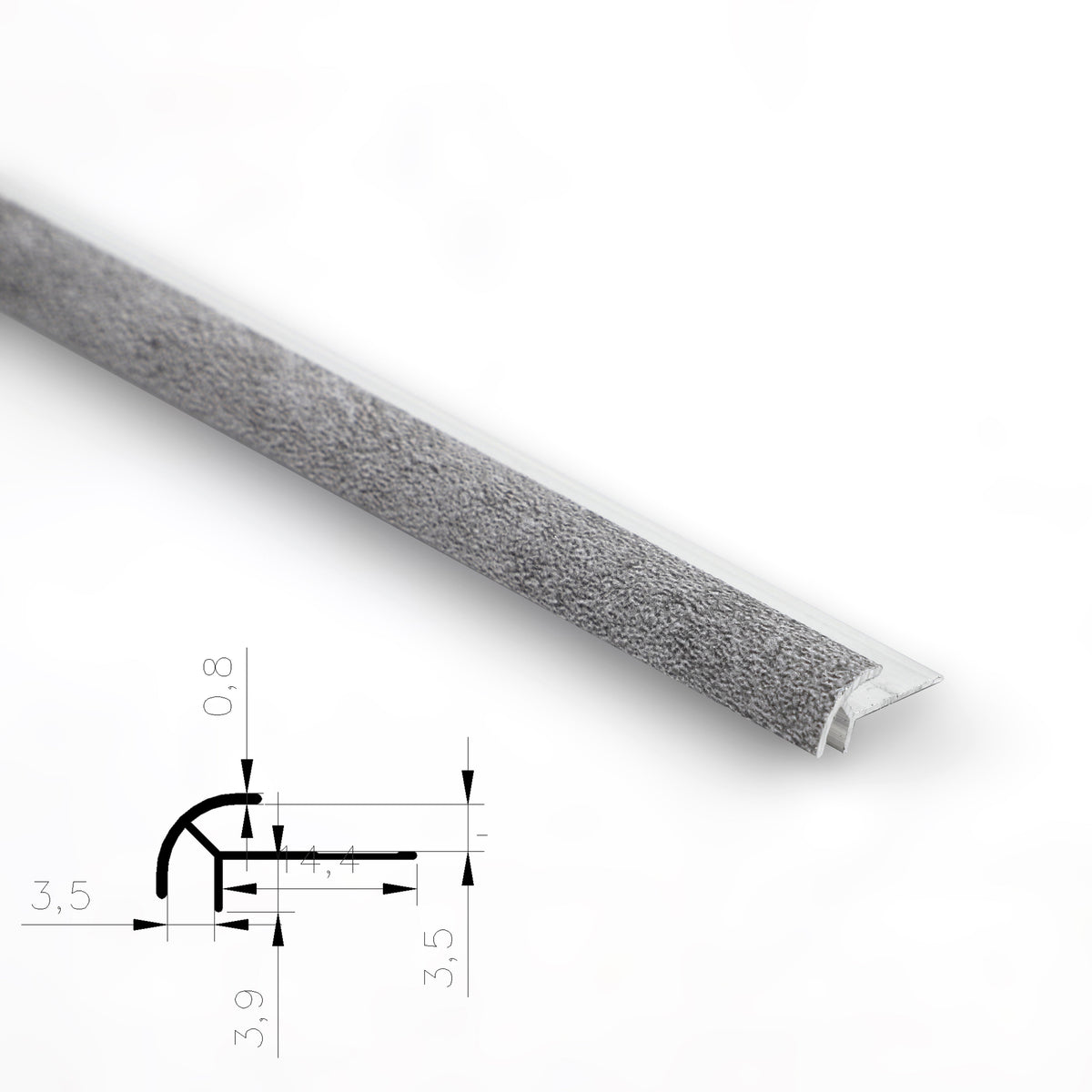 3mm aluminum outside corner trim with a gray textured rounded face and profile diagram