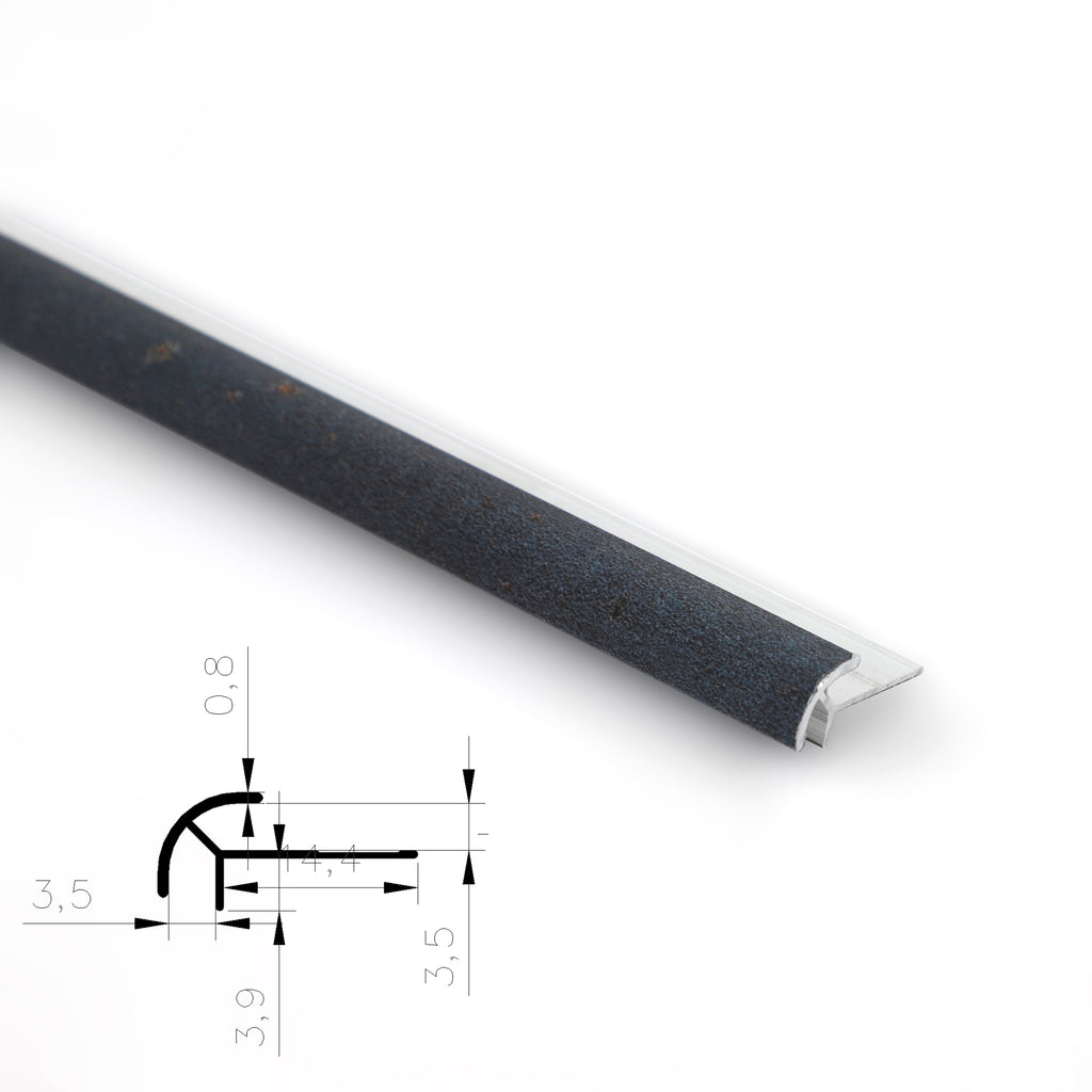 3mm aluminum outside corner trim with a dark textured rounded face and cross-section diagram