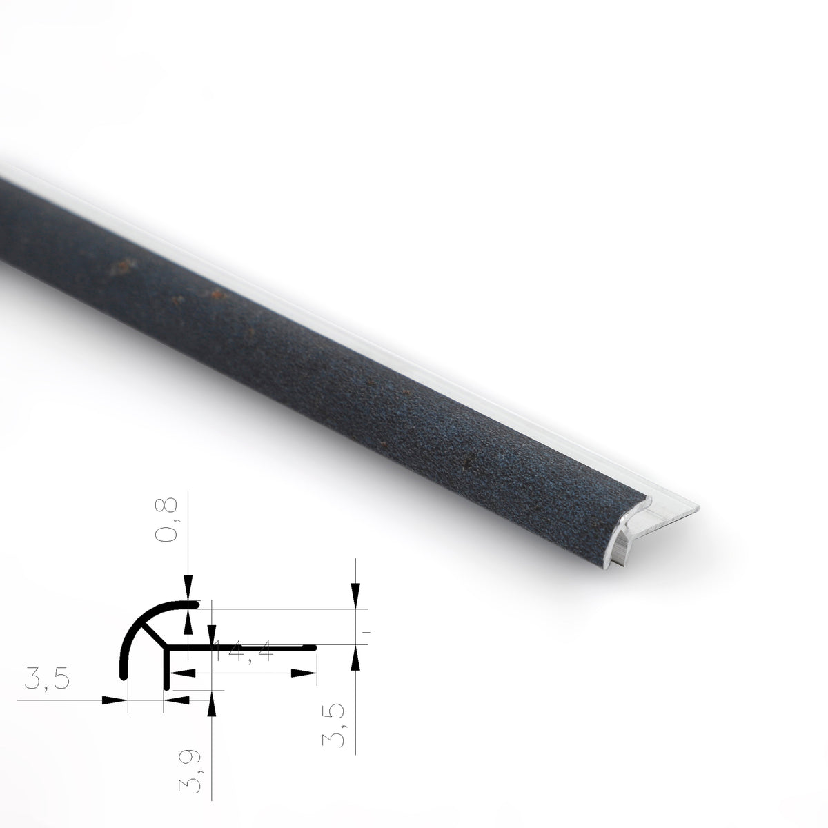 3mm aluminum outside corner trim with a dark textured rounded face and cross-section diagram