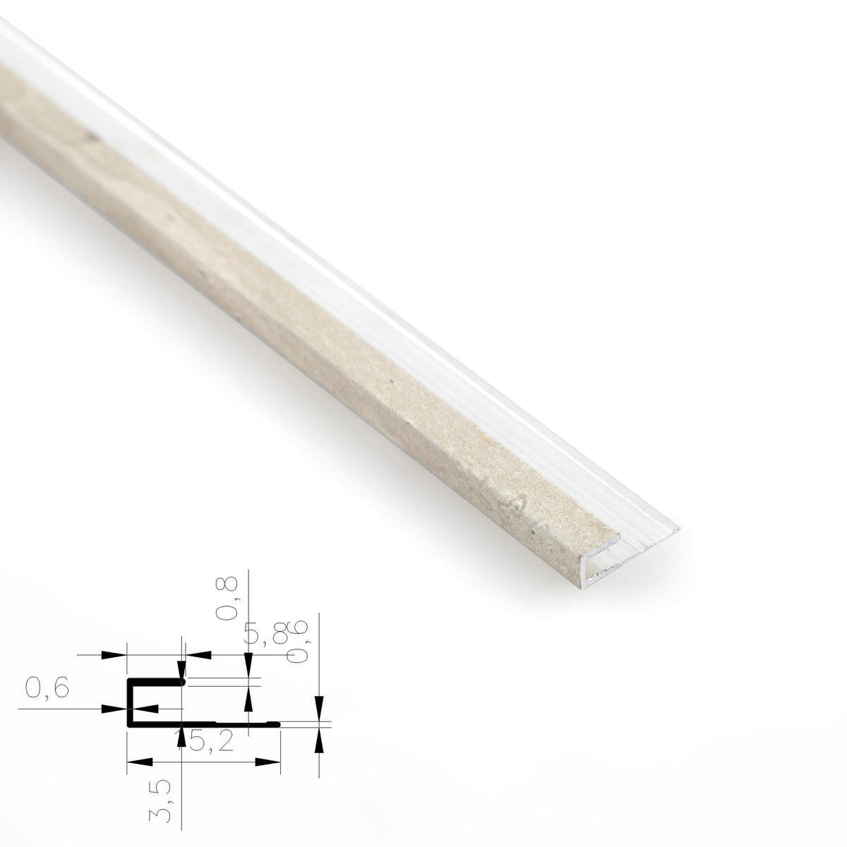 Light beige 3mm aluminum end cap trim profile with technical cross-section diagram
