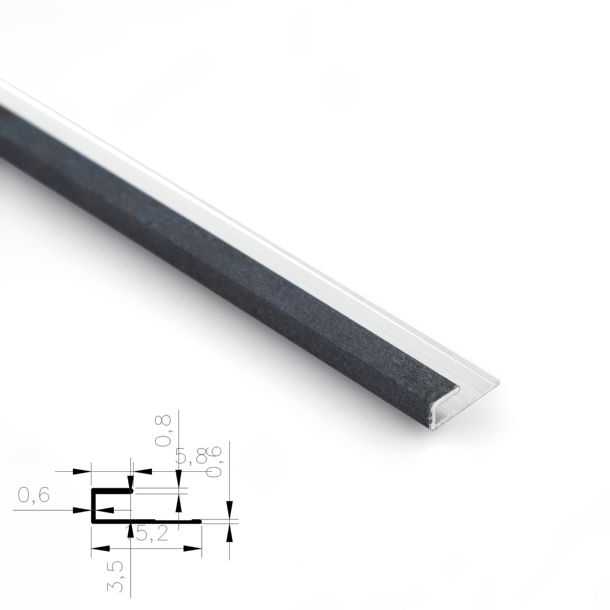 Black 3mm aluminum end cap trim profile with technical cross-section diagram