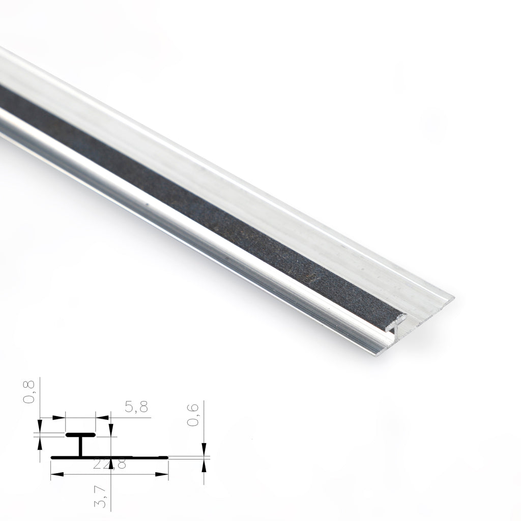 Silver aluminum H-joint connection trim with a black center strip and profile diagram