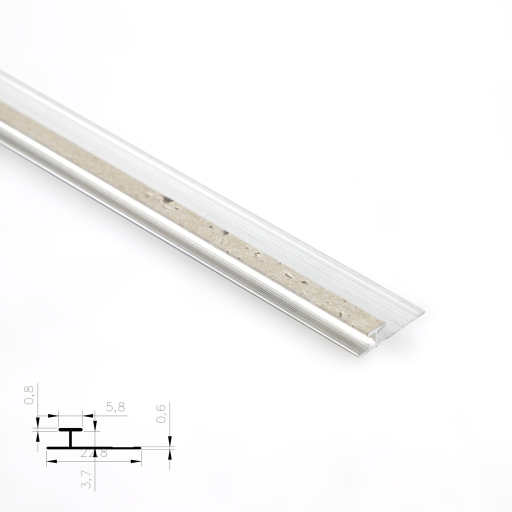 Silver aluminum H-joint connection trim with a beige textured center strip and profile diagram