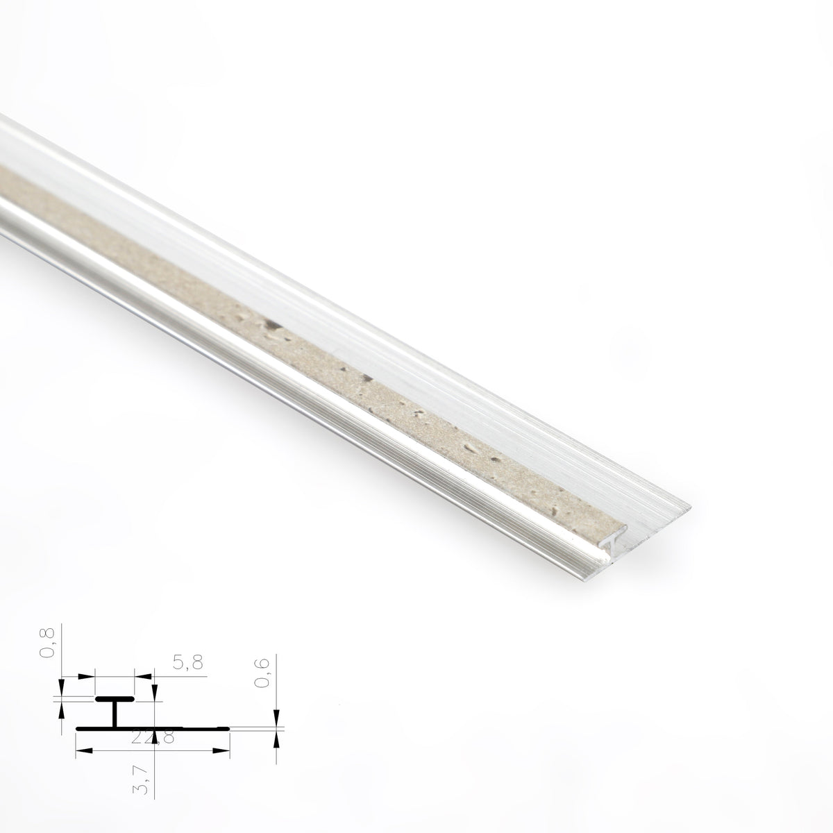 Silver aluminum H-joint connection trim with a beige textured center strip and profile diagram