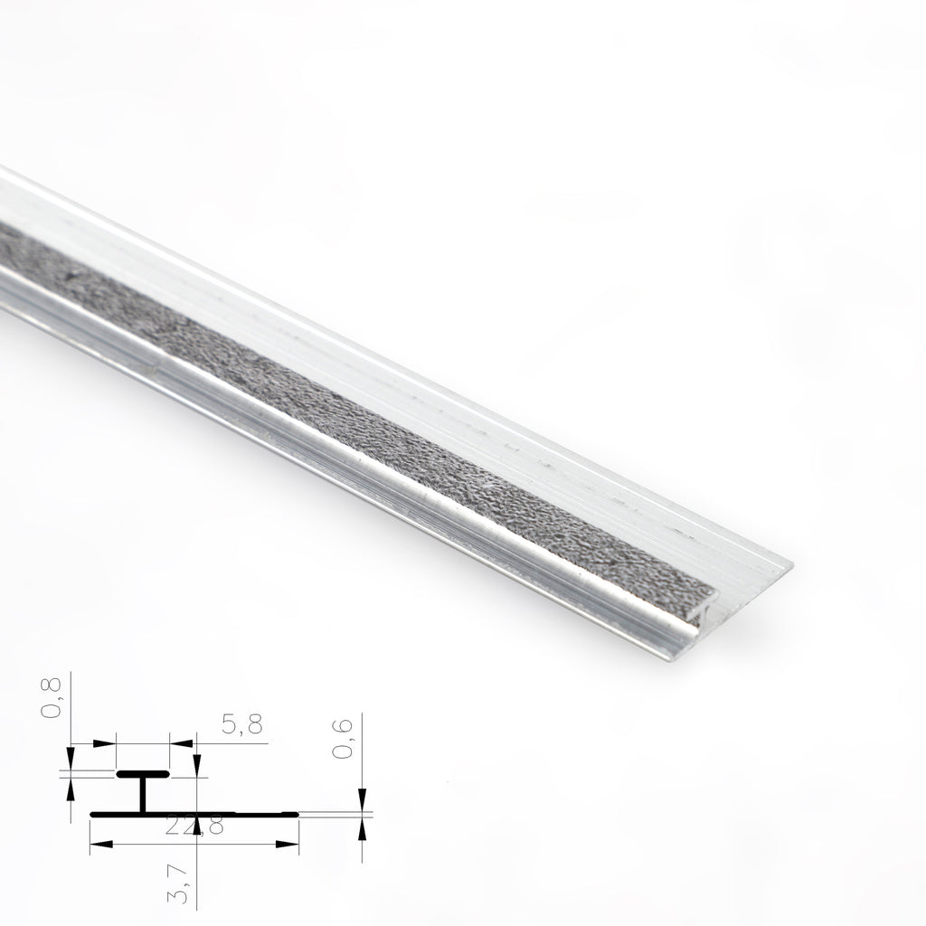 Silver aluminum H-joint connection trim with a gray textured center strip and profile diagram