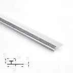 Silver aluminum H-joint connection trim with a gray textured center strip and profile diagram
