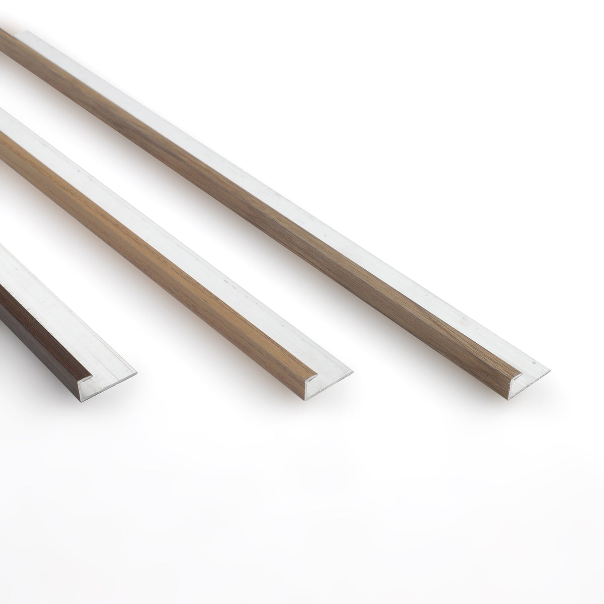 Three 6.3mm aluminum end cap trims for wood veneer wall panels in light, medium, and dark matching wood colors Main image