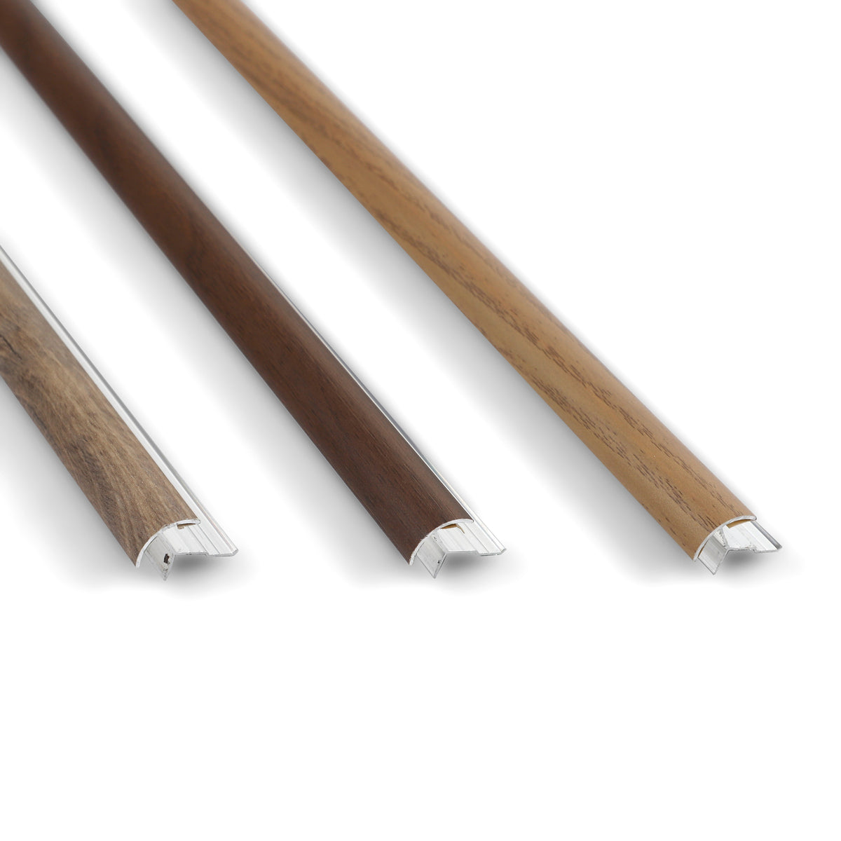 Three 6.3mm aluminum outside corner trims in light, medium, and dark wood-look matching colors Main image