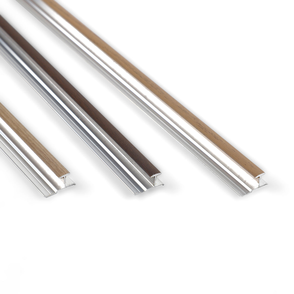 Three 6.3mm aluminum H-joint connection trims with light, medium, and dark wood-grain color inserts Main image