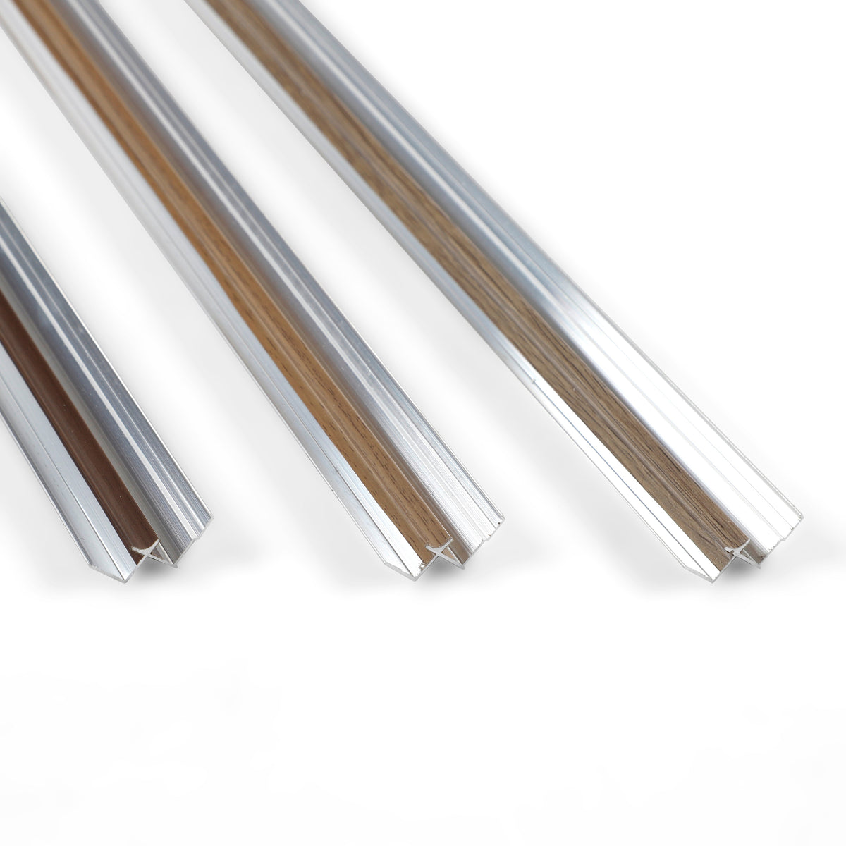 Three 6.3mm aluminum inside corner trims with silver edges and assorted wood-look matching colors Main image