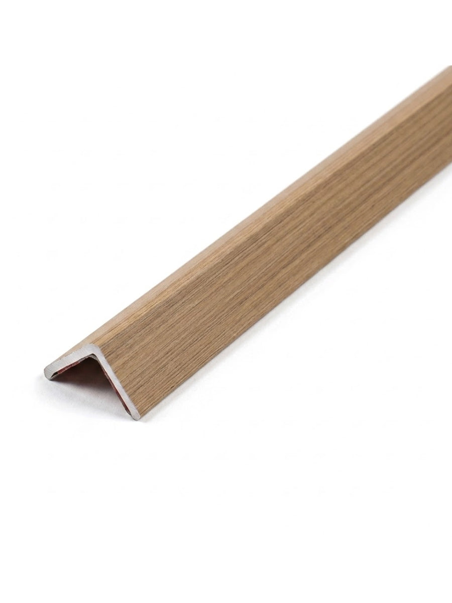 Warm tan wood-grain corner trim for acoustic and fluted wall panels