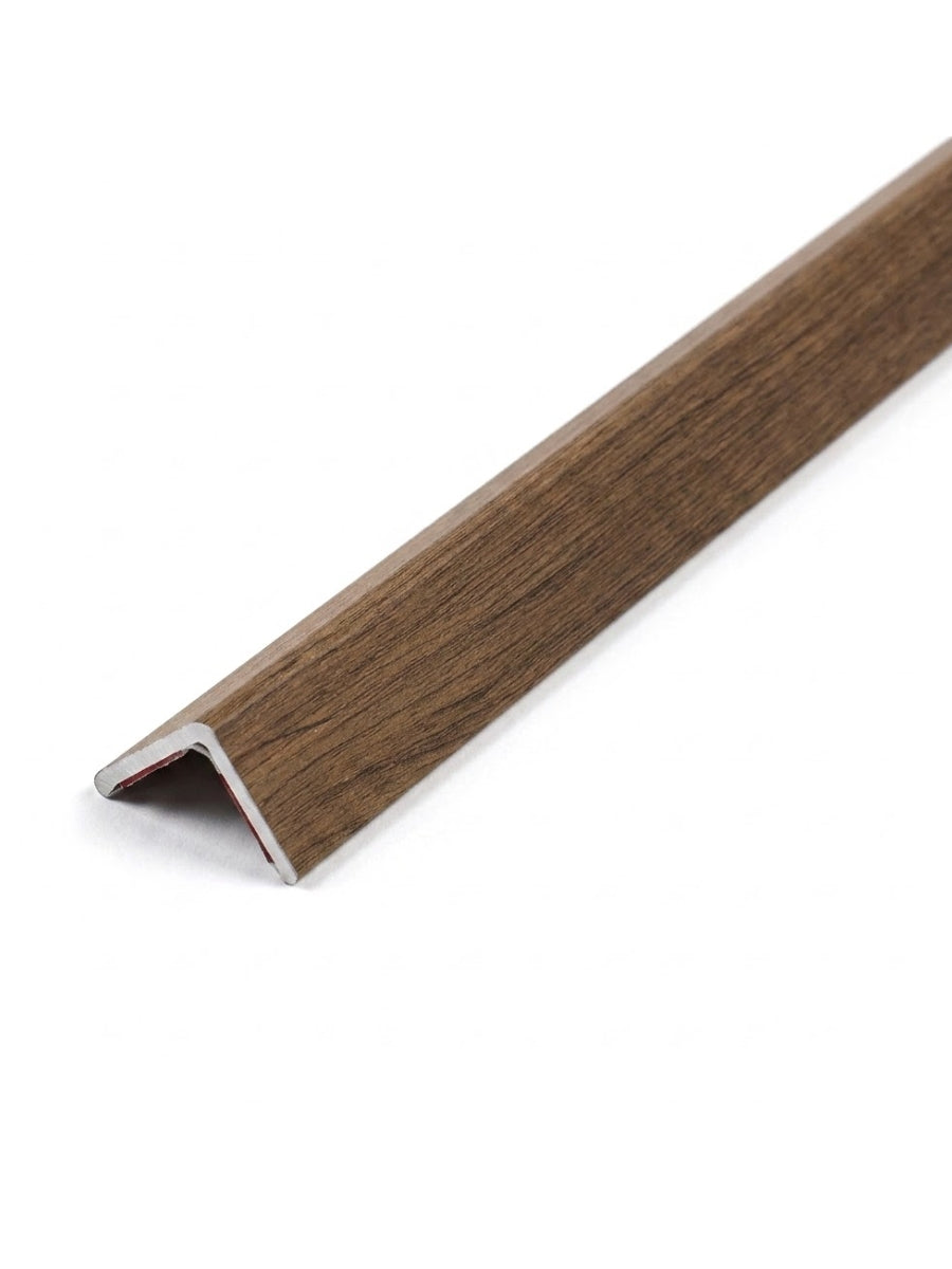 Medium brown wood-grain corner trim for acoustic and fluted wall panels