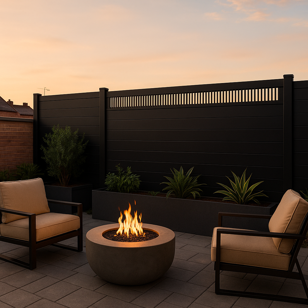 Black composite privacy fence with slotted top panel behind outdoor fire pit seating area