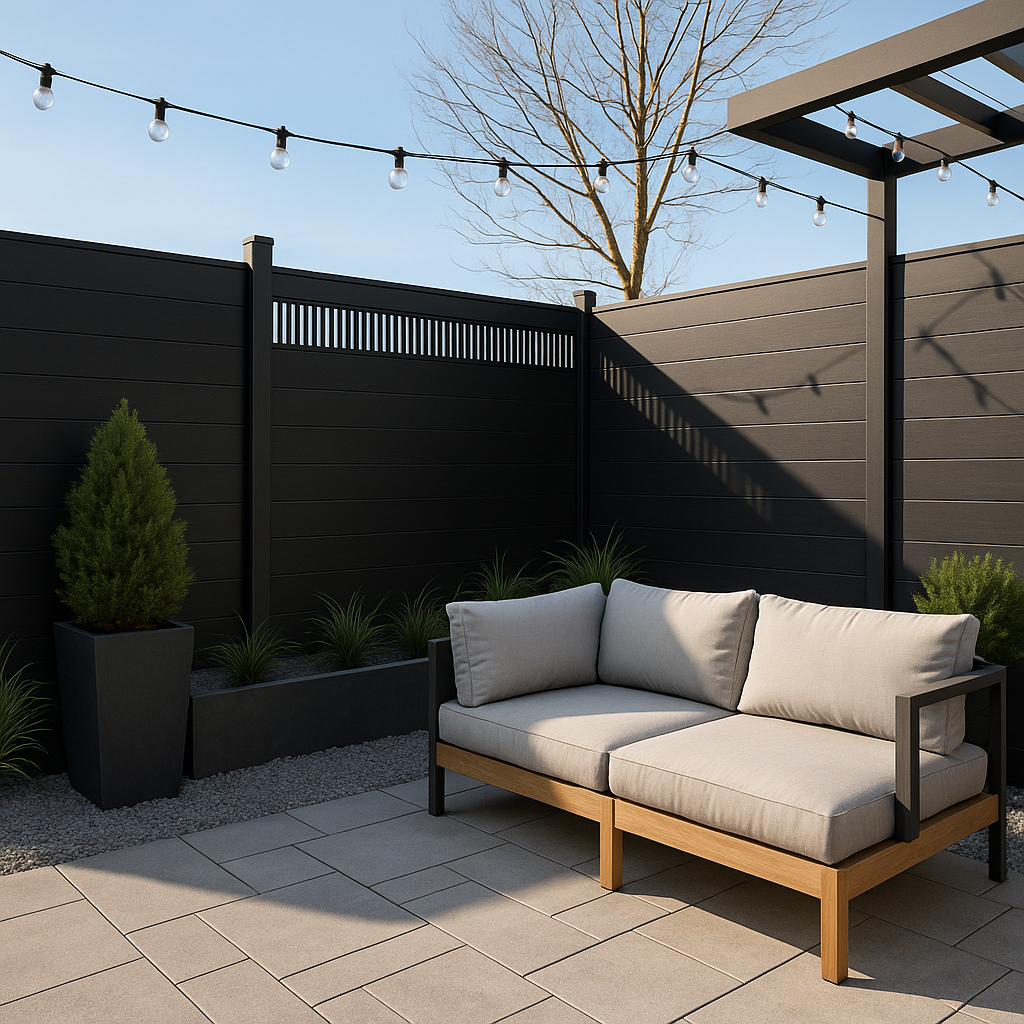 Black composite privacy fence with slotted top panel installed in modern patio seating area with pergola and string lights