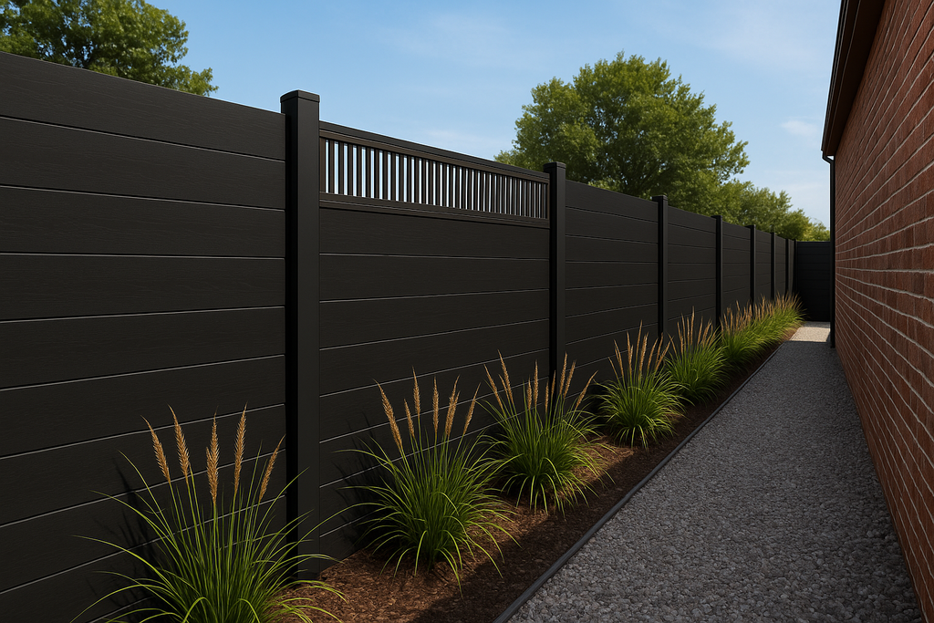Black composite privacy fence with slotted top panel installed along residential side yard walkway