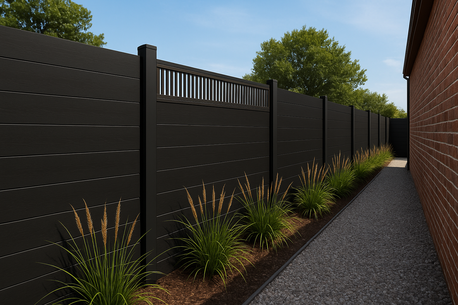 Black composite privacy fence with slotted top panel installed along residential side yard walkway