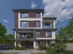 Modern three-story house exterior with brown WPC fluted wall panels and large glass windows