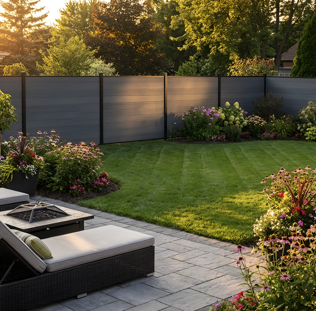 Light gray composite privacy fence surrounding a landscaped lawn with flowers and lounge seating