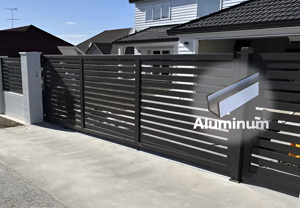 Dark gray aluminum horizontal slat driveway gate installed at modern residential home