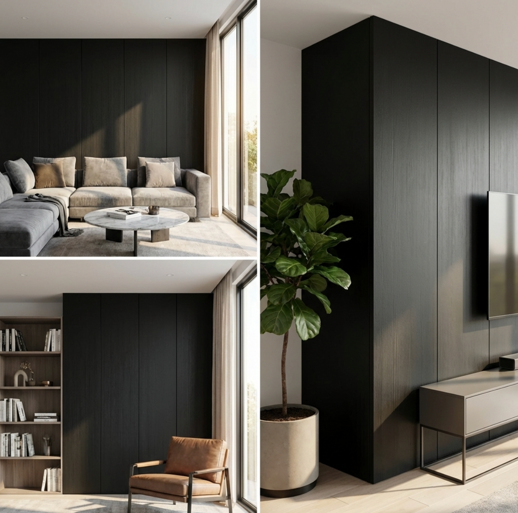 Modern interior design with black wall panels 