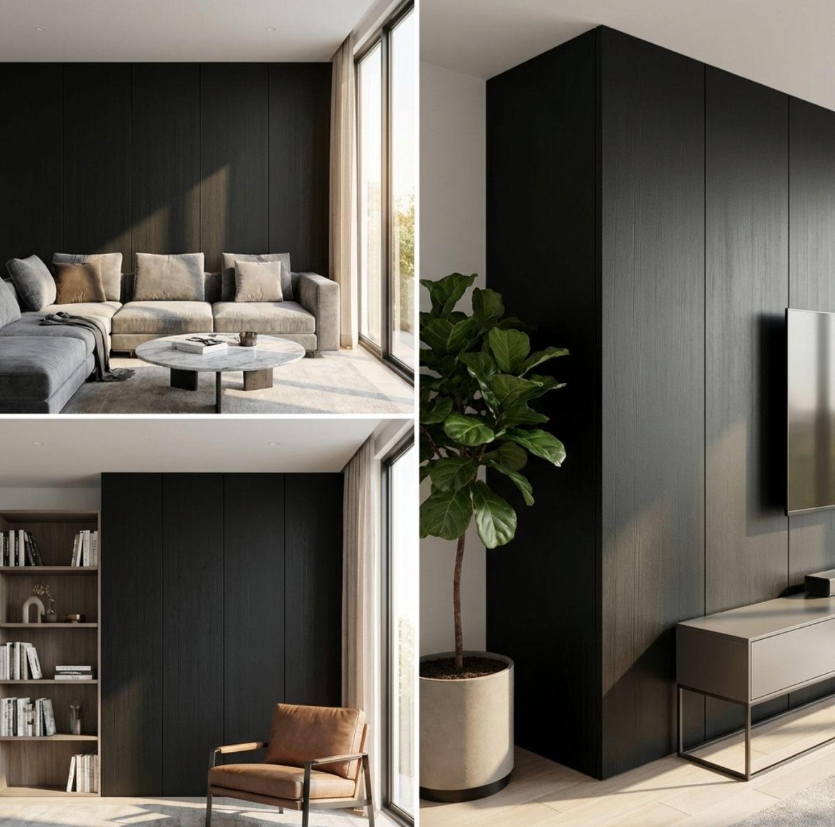 Blackwood veneer wall panel installations in modern living room, reading nook, and media wall settings