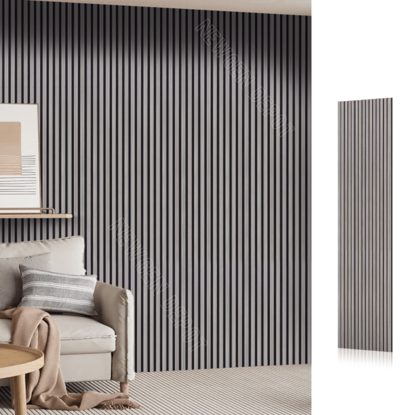 Black fluted wall panel installed as vertical interior accent wall