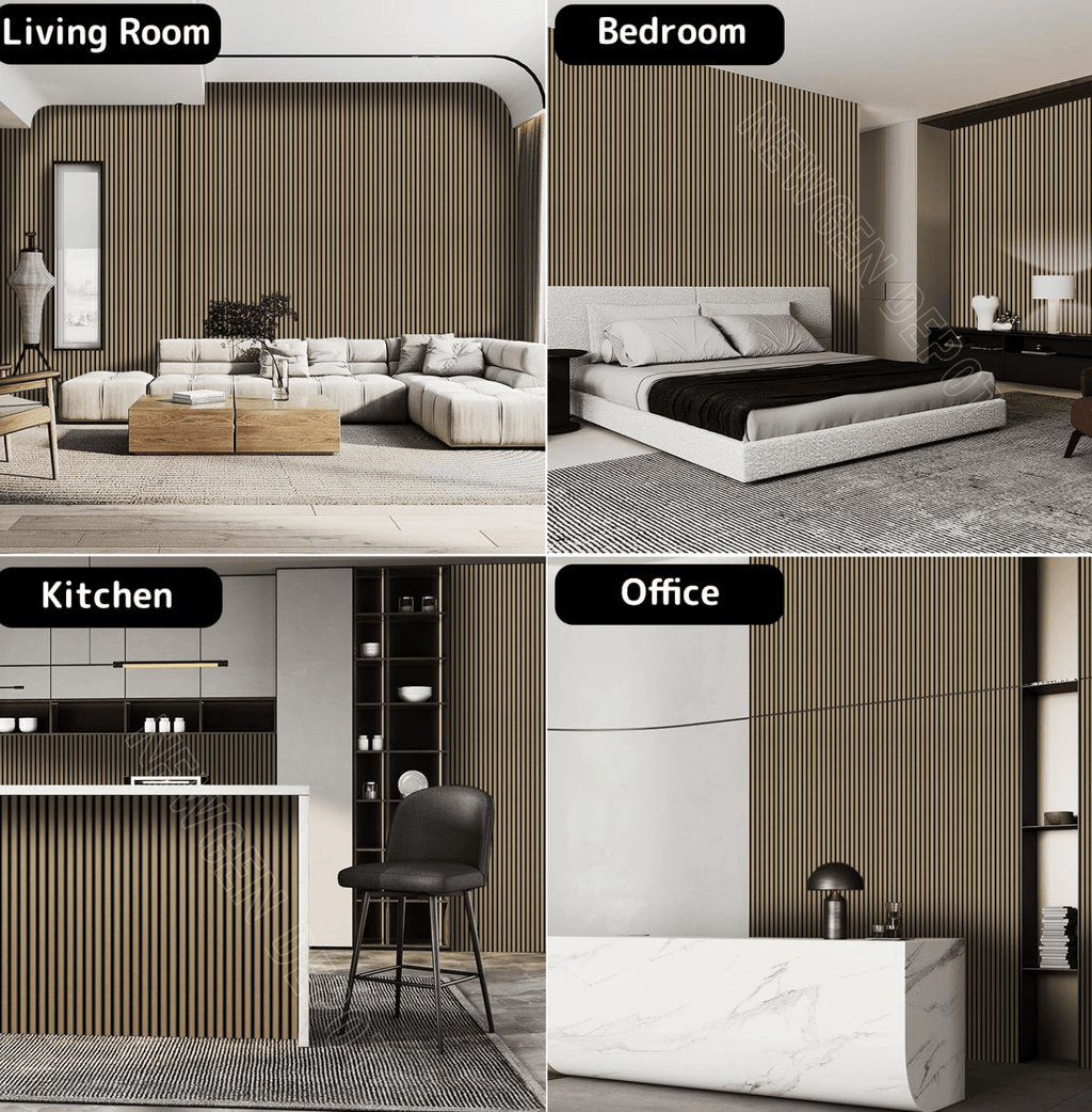 Fluted wall panels used in living room, bedroom, kitchen, and office interior designs