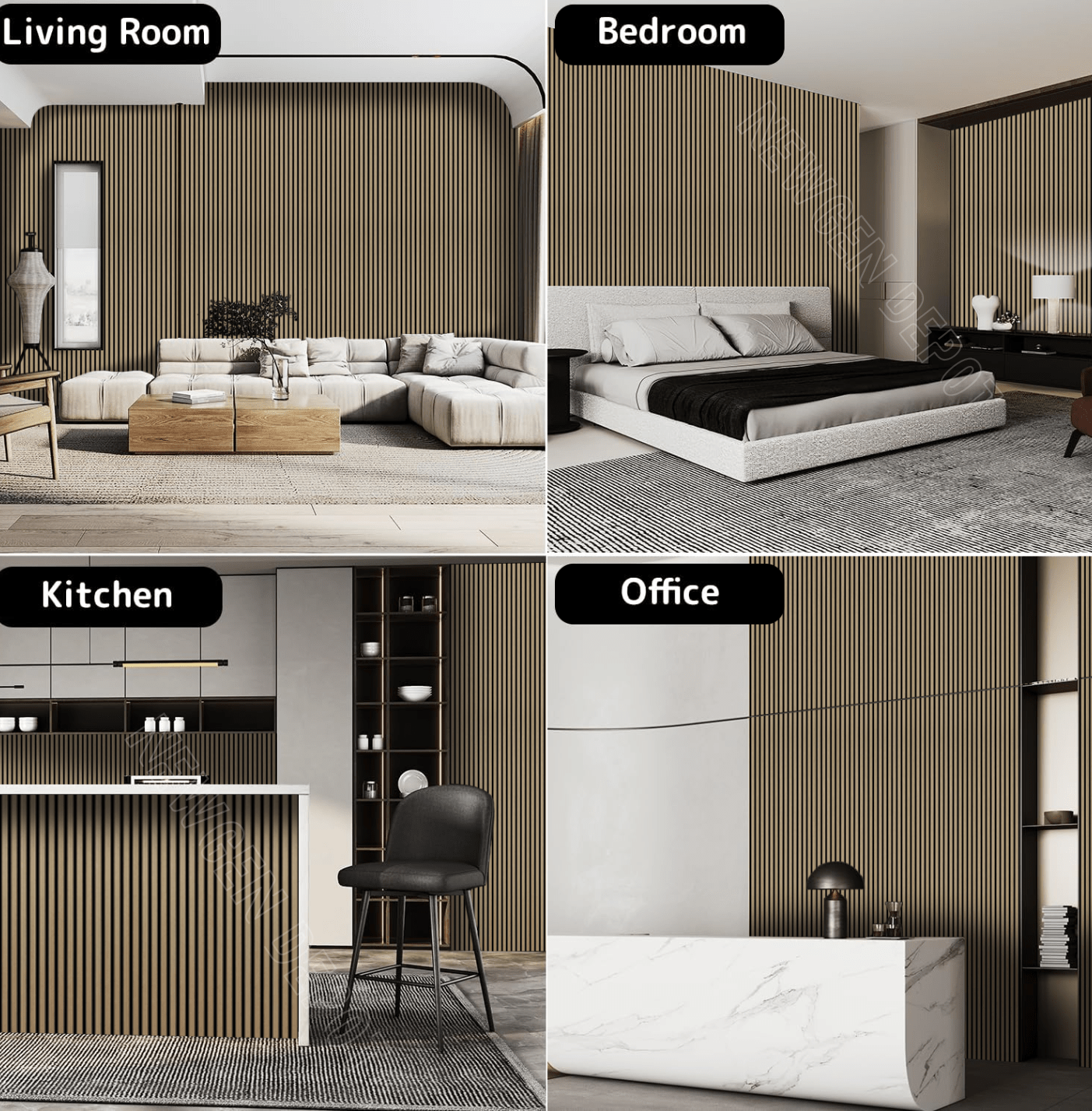 Fluted wall panels used in living room, bedroom, kitchen, and office interior designs