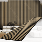 Beige fluted wall panel installed as modern interior accent wall with vertical slat design