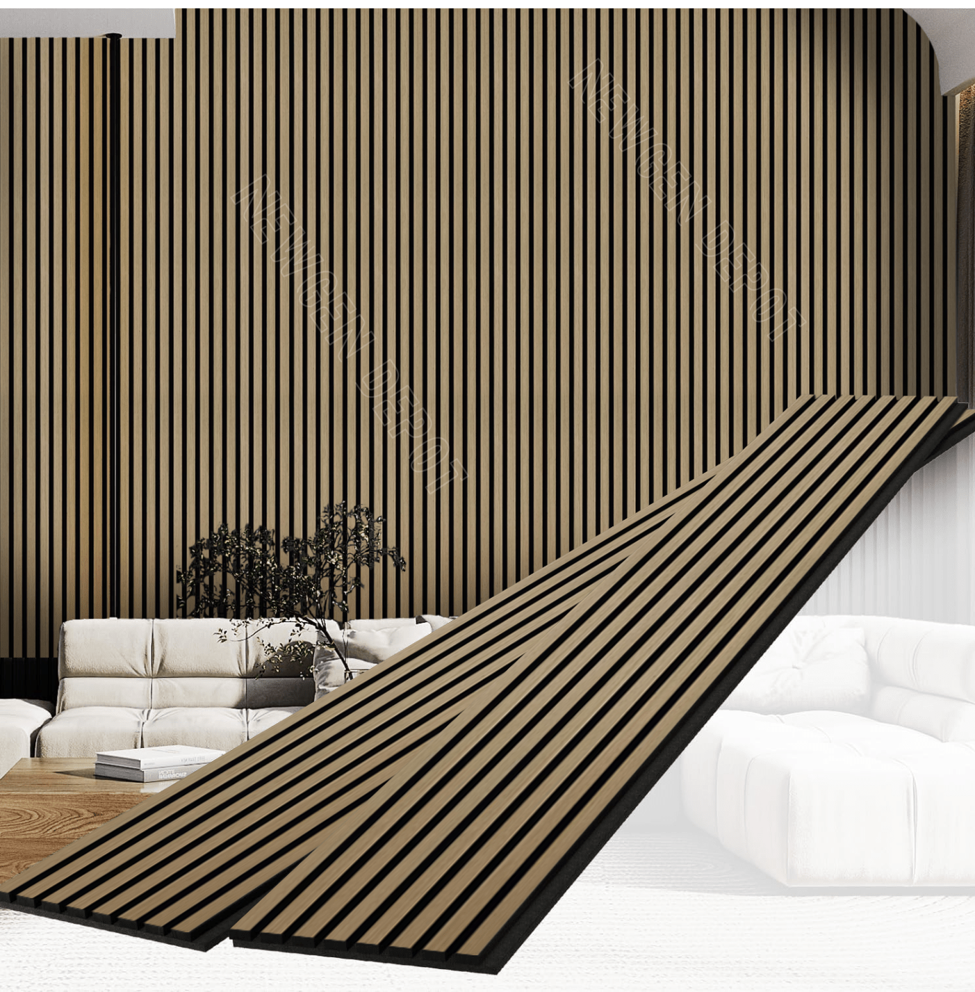 Beige fluted wall panel installed as modern interior accent wall with vertical slat design