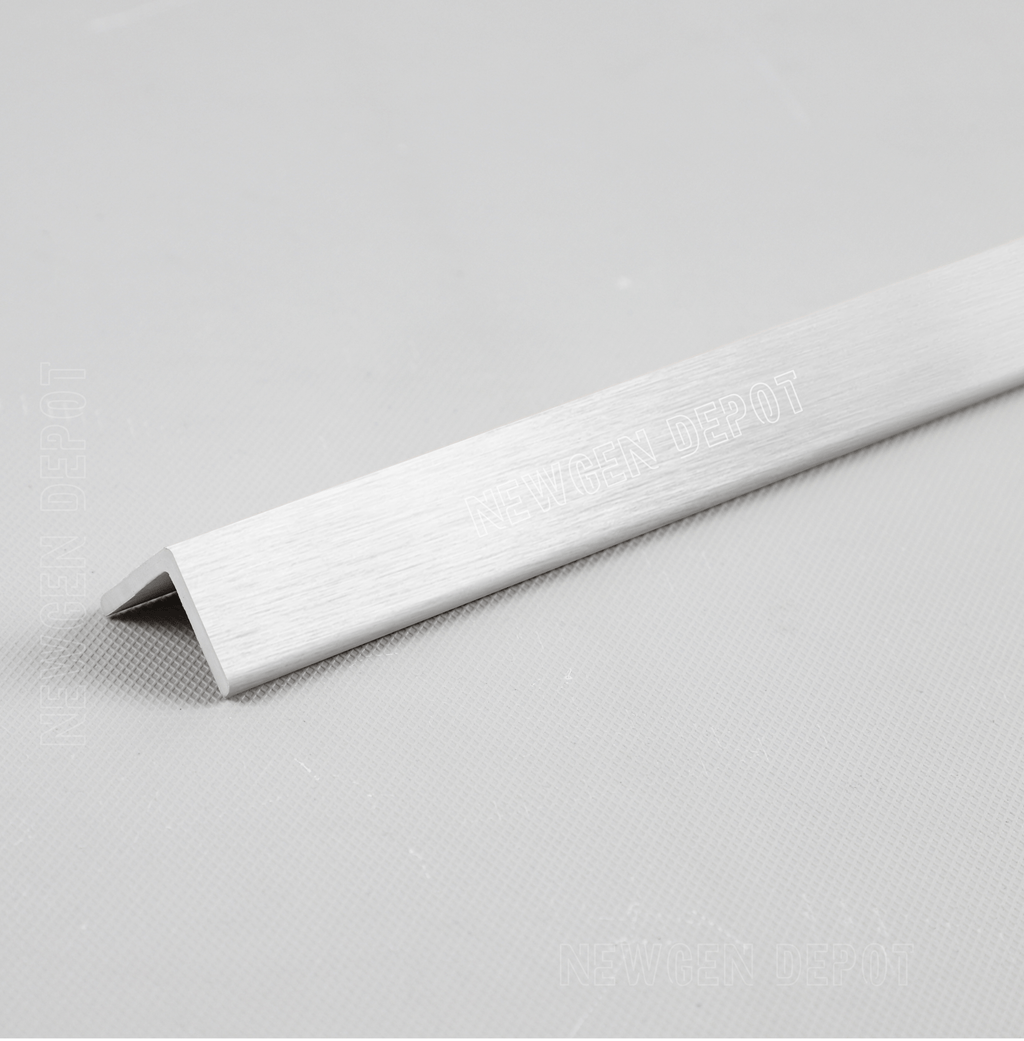 Silver brushed aluminum corner trim, 90-degree angle, premium finish for NJ furniture edges, sleek and durable design.