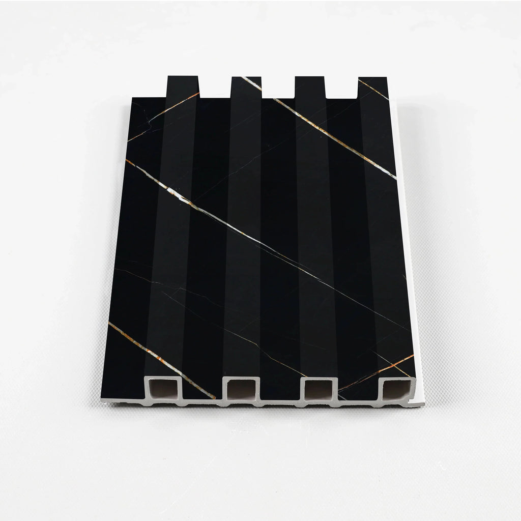 Noir Royale Vertical fluted WPC wall panel sample with wood finish