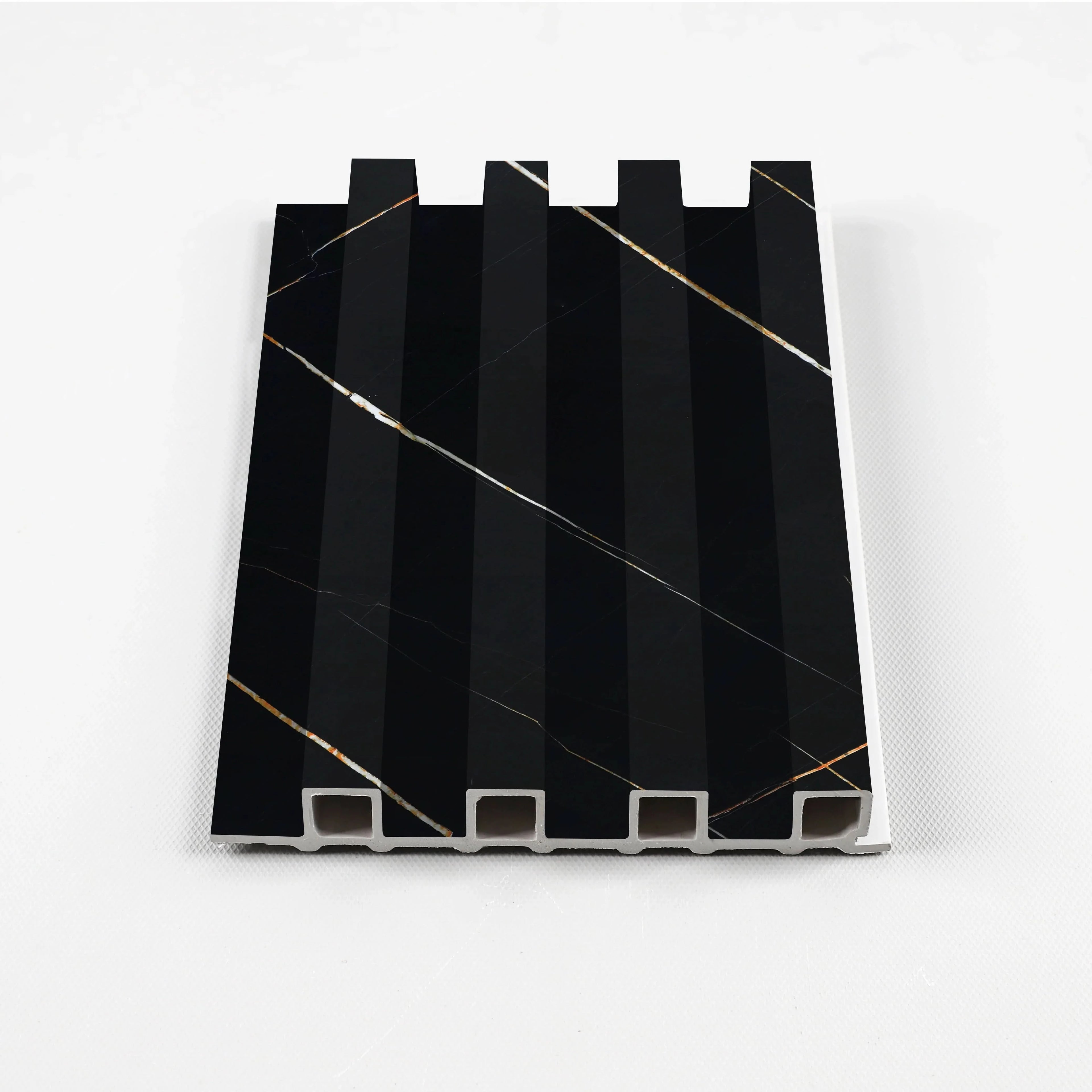 Noir Royale Vertical fluted WPC wall panel sample with wood finish