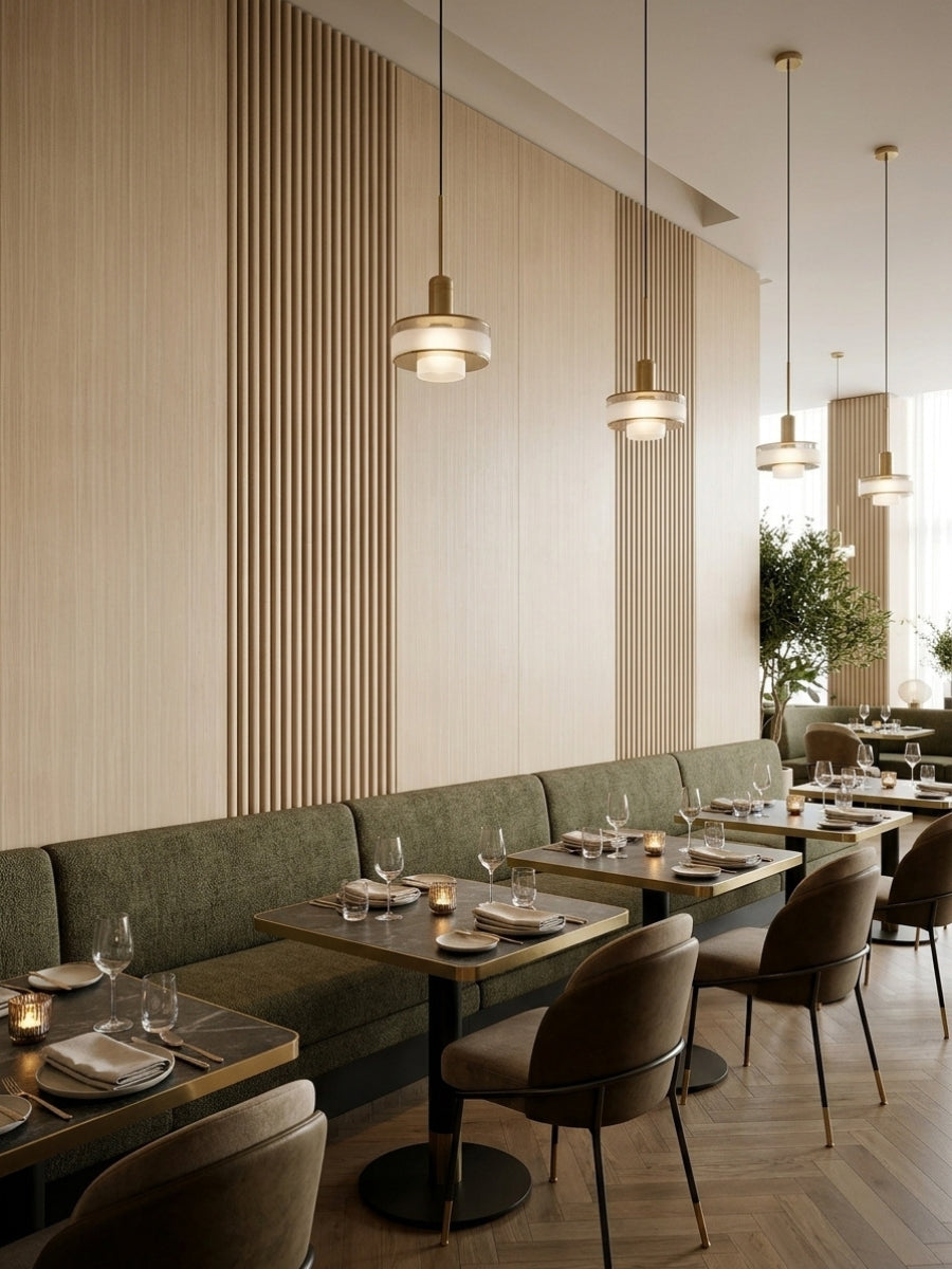 Nordic birch wood veneer panels with vertical slatted accents installed in a modern restaurant dining area