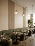 Nordic birch wood veneer panels with vertical slatted accents installed in a modern restaurant dining area
