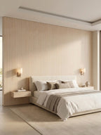 Nordic birch wood veneer panels installed as a light wood feature wall behind a modern bed