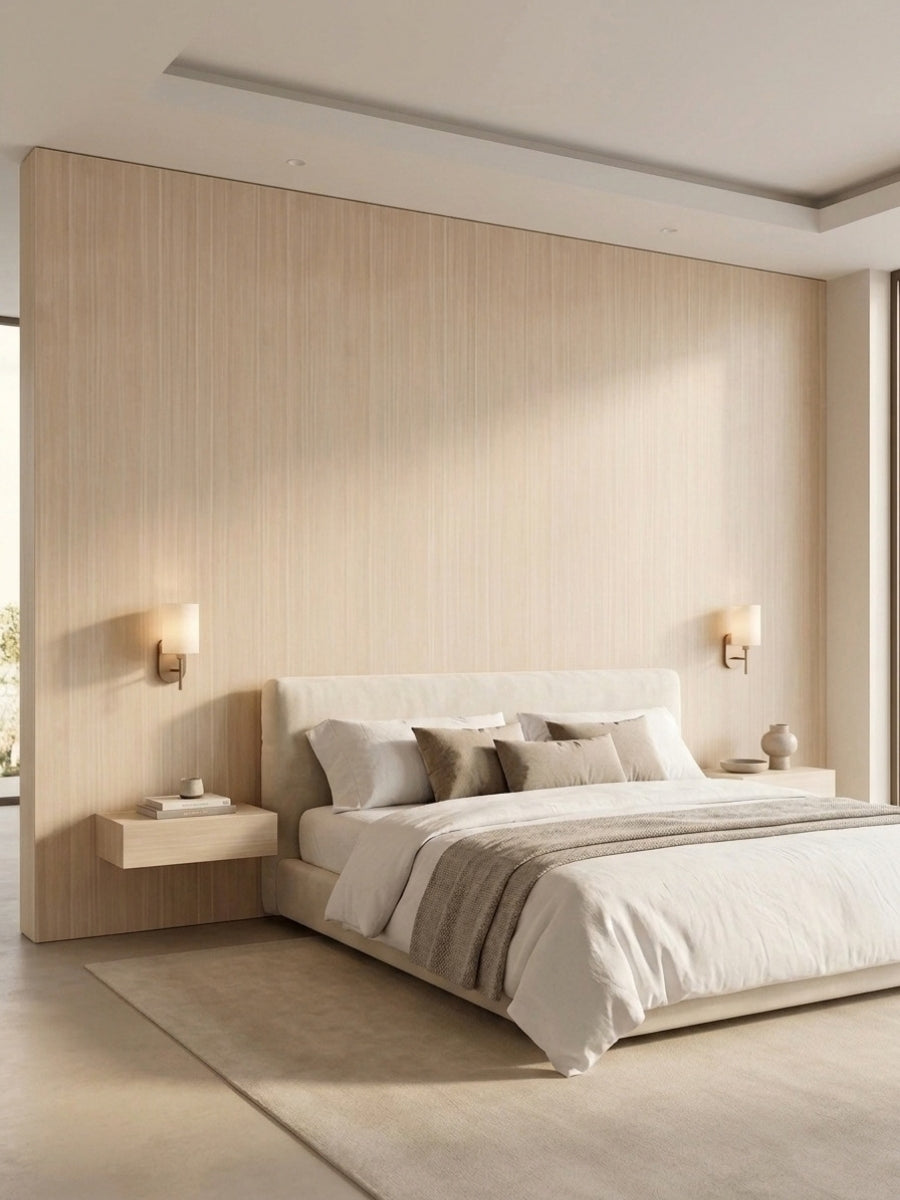 Nordic birch wood veneer panels installed as a light wood feature wall behind a modern bed