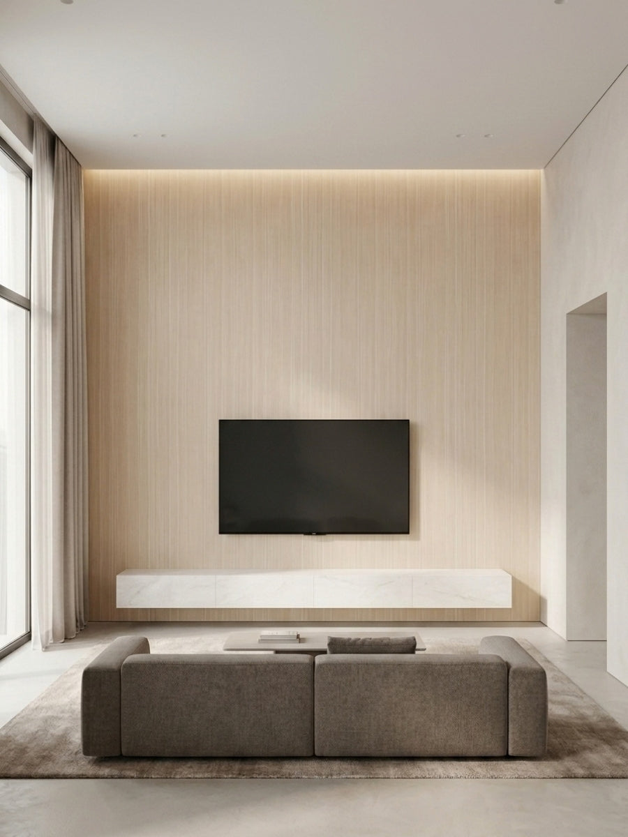 Light Nordic birch wood veneer TV wall with vertical grain in a minimalist living room