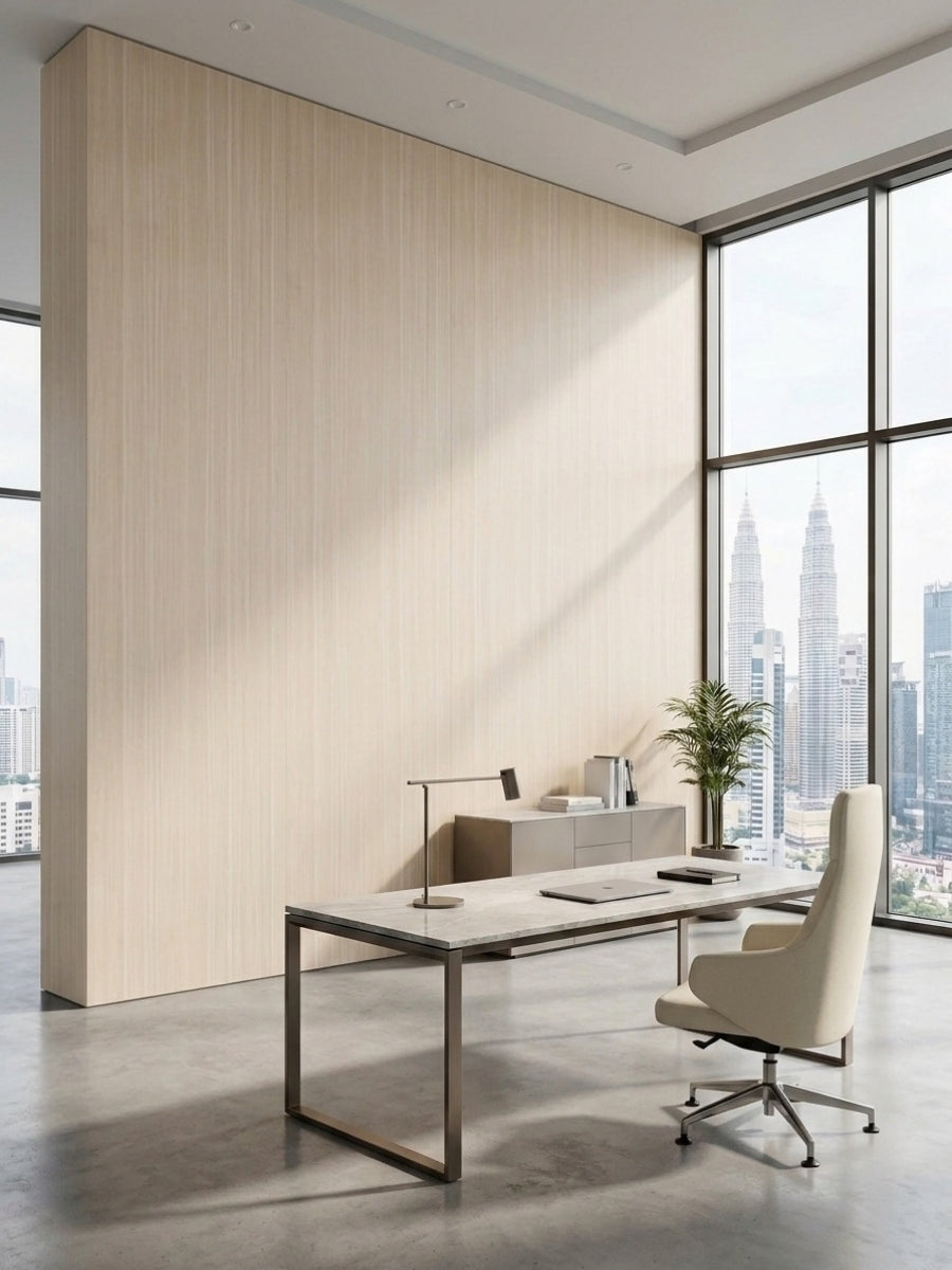 Light Nordic birch wood veneer office wall beside a desk and floor-to-ceiling city windows