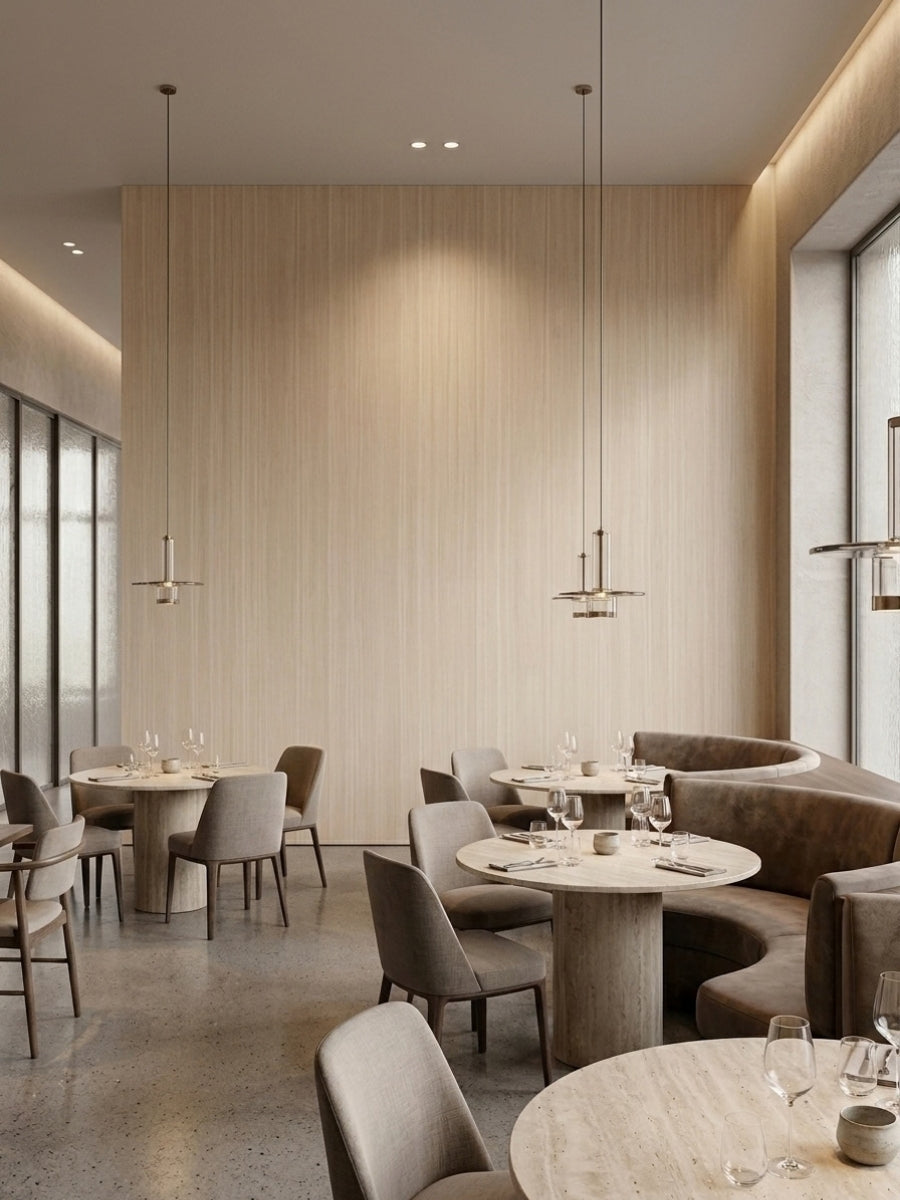 Nordic birch wood veneer feature wall with fine vertical grain in a contemporary restaurant