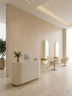 Light Nordic birch wood veneer wall with arched mirrors in a modern salon interior